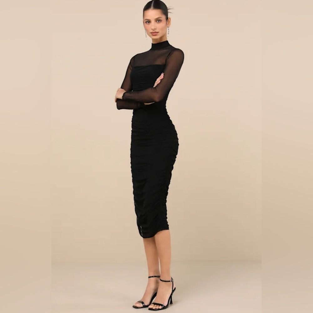 LULU'S Impressive Flirt Black Mesh
Ruched Mock Neck Midi Dress in BLACK - Picture 3 of 16
